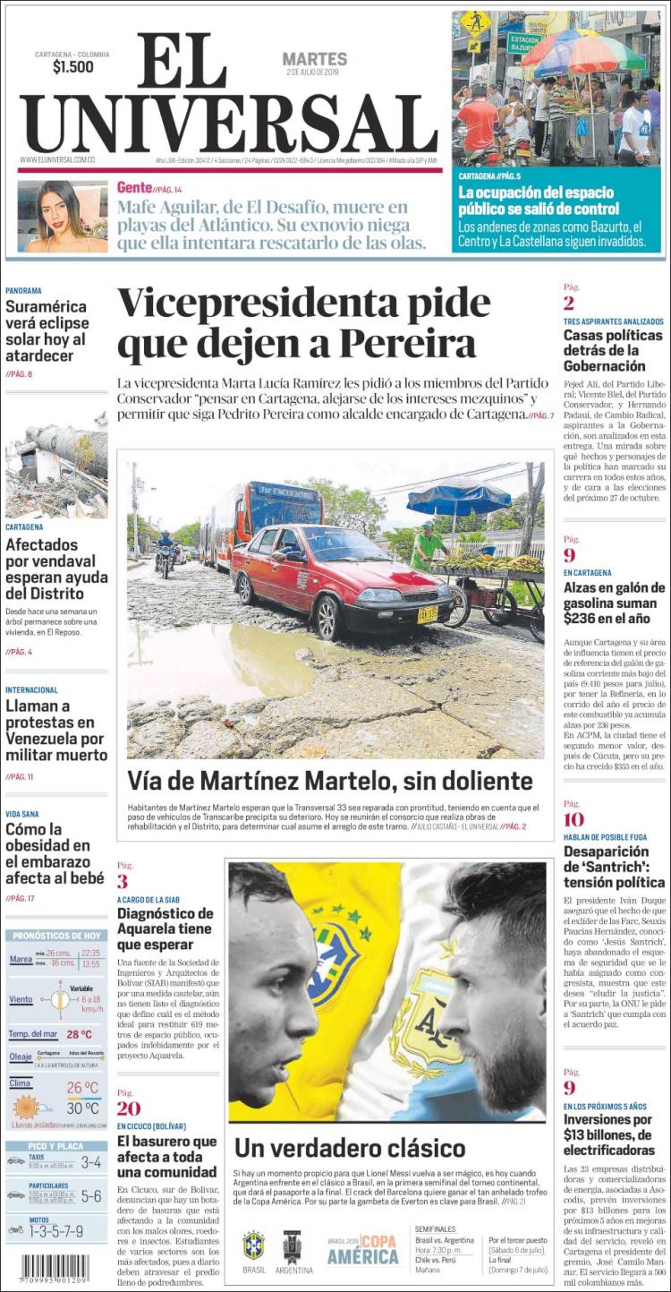 Portada de El Universal (Colombia)