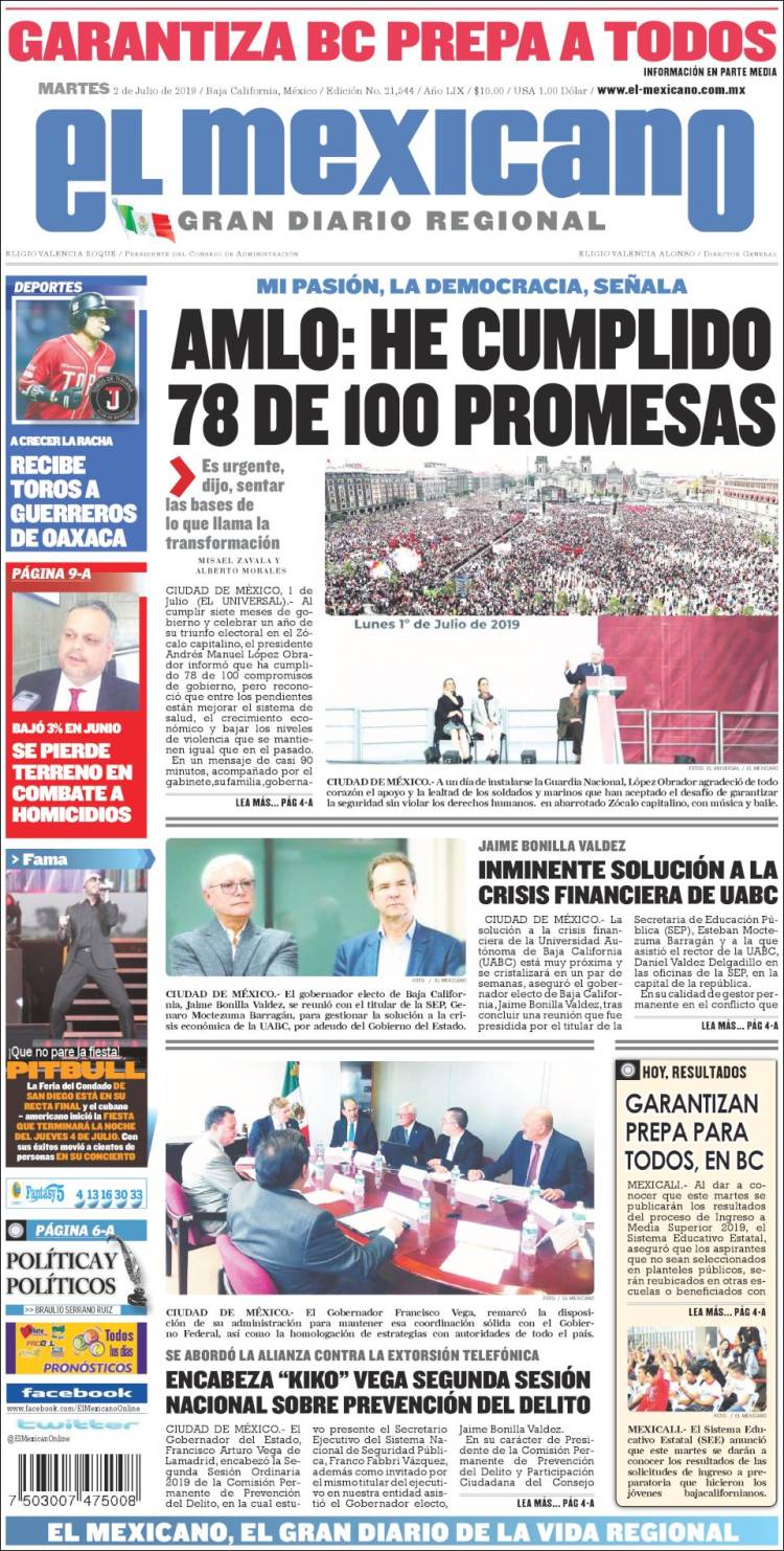 Portada de El Mexicano - El Gran Diario Regional (México)