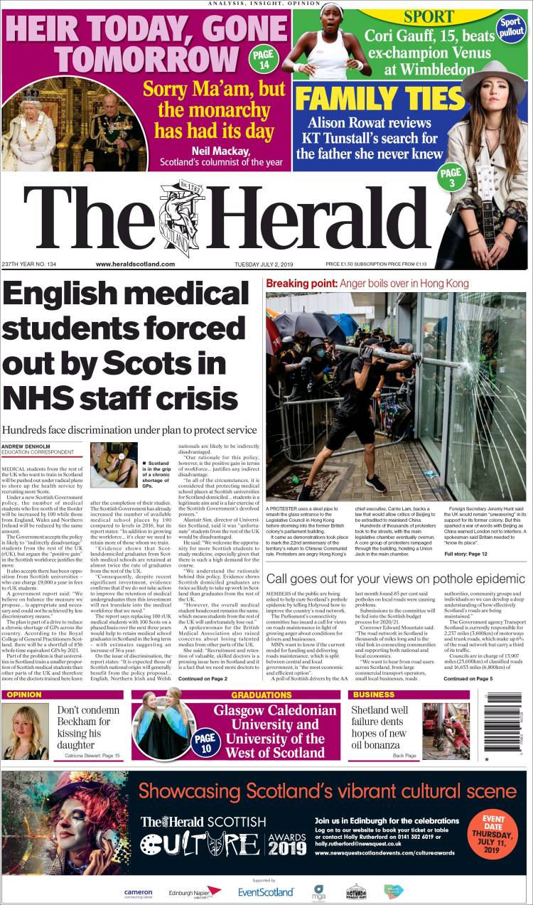 Portada de The Herald (Reino Unido)