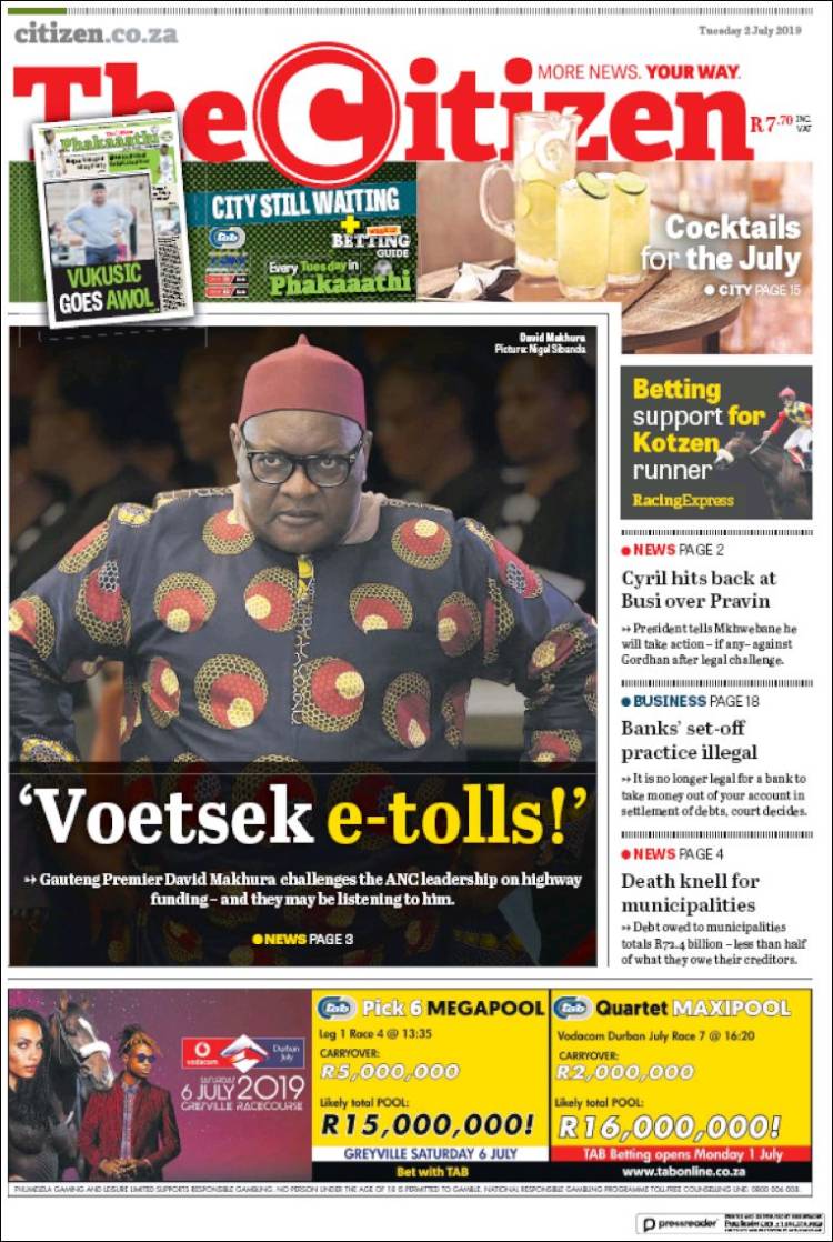 Portada de The Citizen (Sud&aacute;frica)