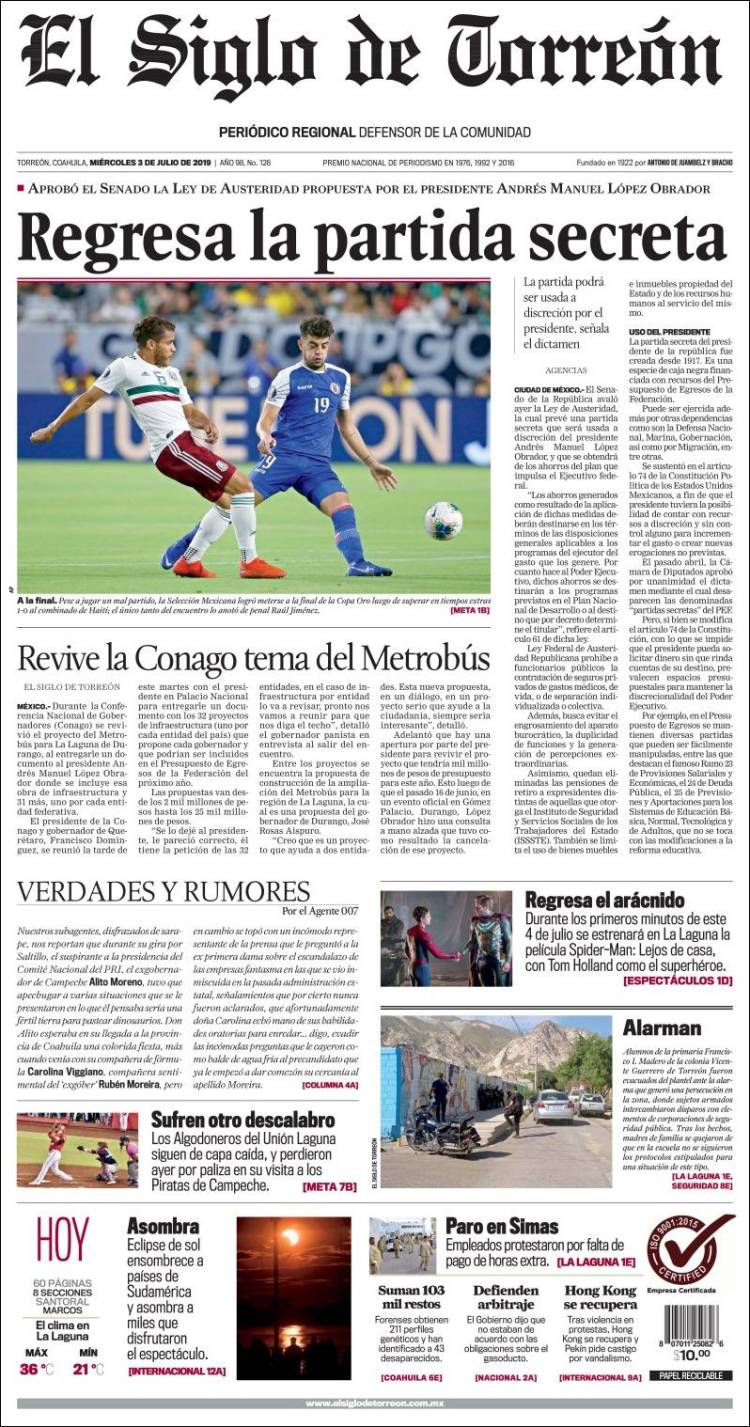 Portada de El Siglo de Torreon (M&eacute;xico)