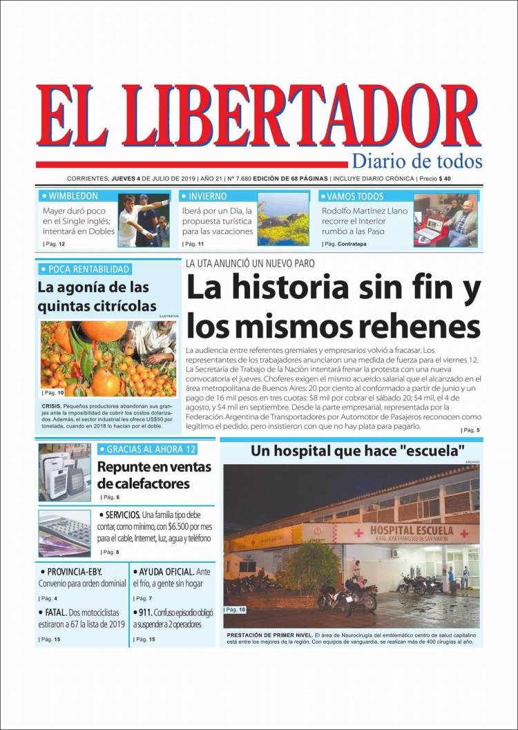 Portada de Diario El Libertador (Argentina)