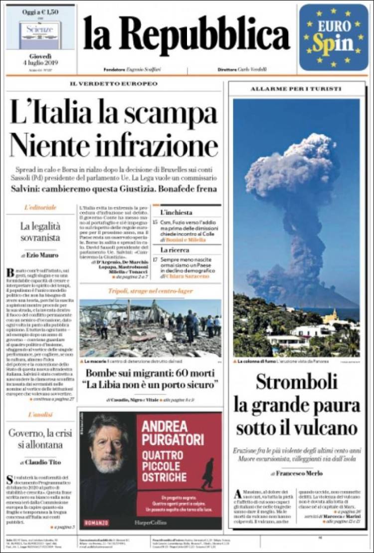 Portada de La Repubblica (Italia)