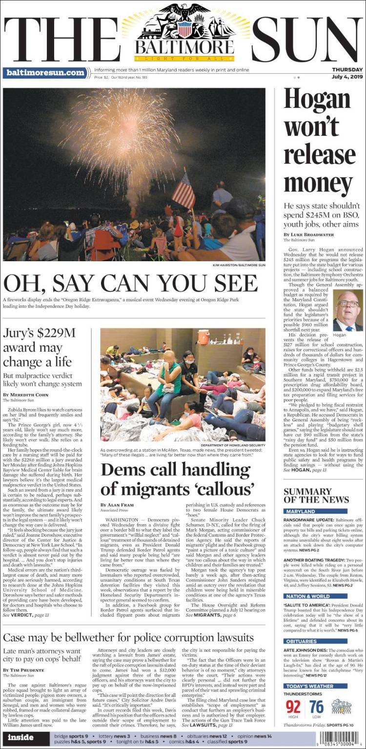 Portada de The Baltimore Sun (USA)