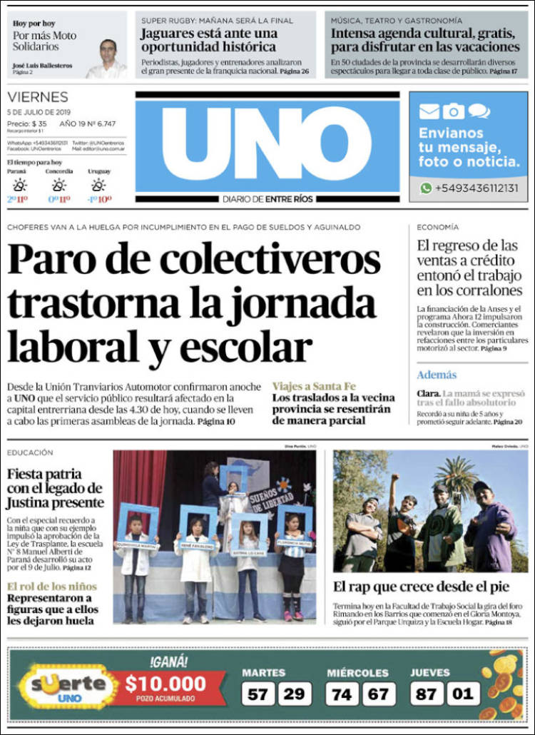 Portada de Diario Uno de Entre Ríos (Argentina)