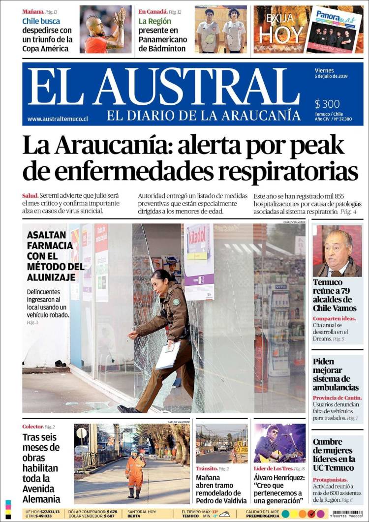 Portada de El Austral de Temuco (Chile)