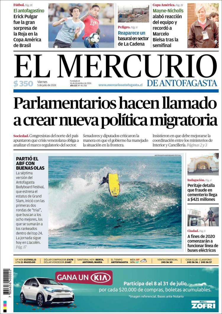 Portada de El Mercurio de Antofagasta (Chile)