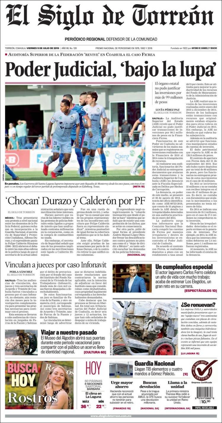 Portada de El Siglo de Torreon (M&eacute;xico)