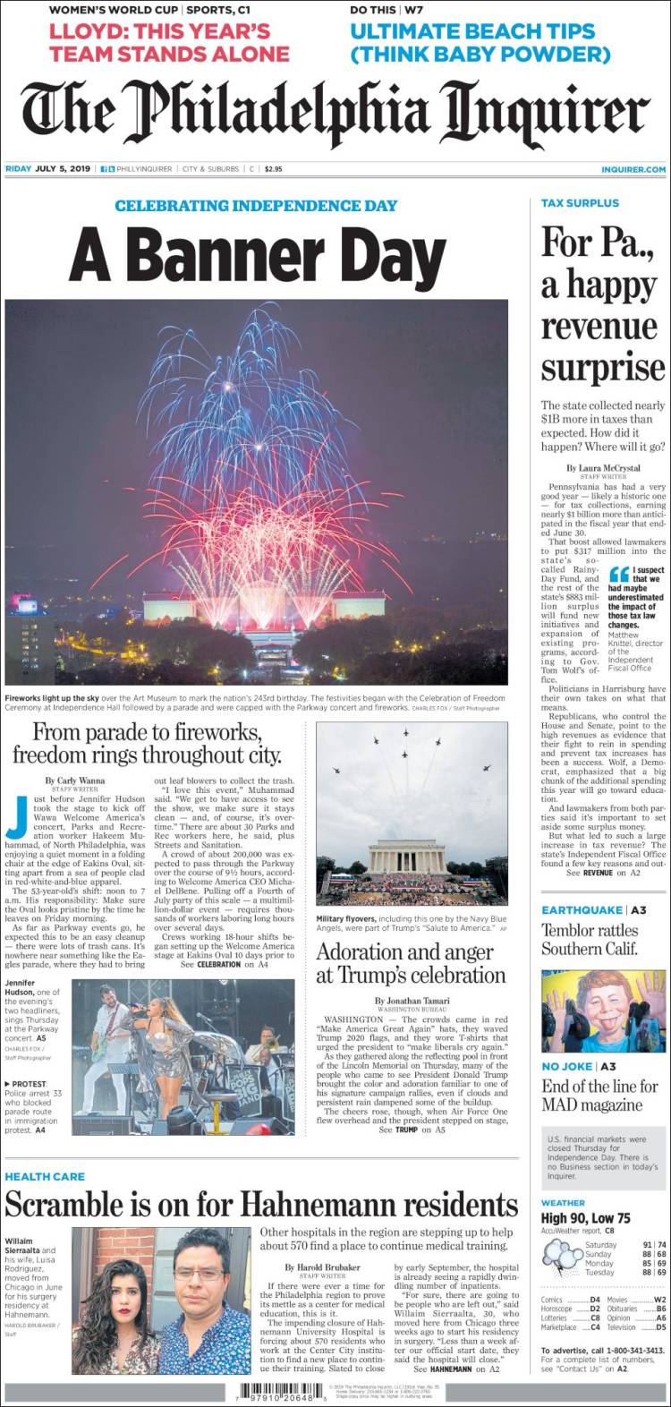 Portada de Philadelphia Inquirer (USA)