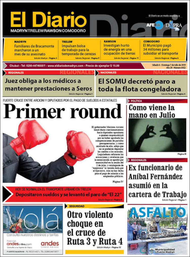 Portada de El Diario de Madryn (Argentina)