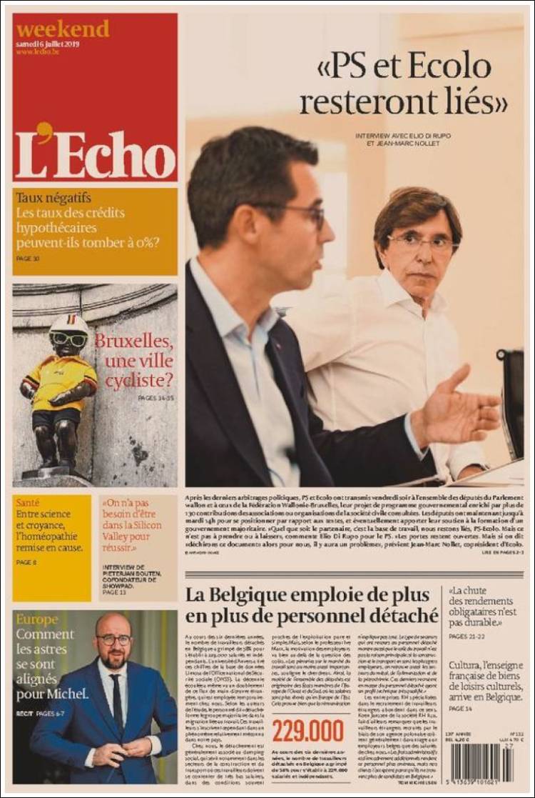 Portada de L'Echo (B&eacute;lgica)