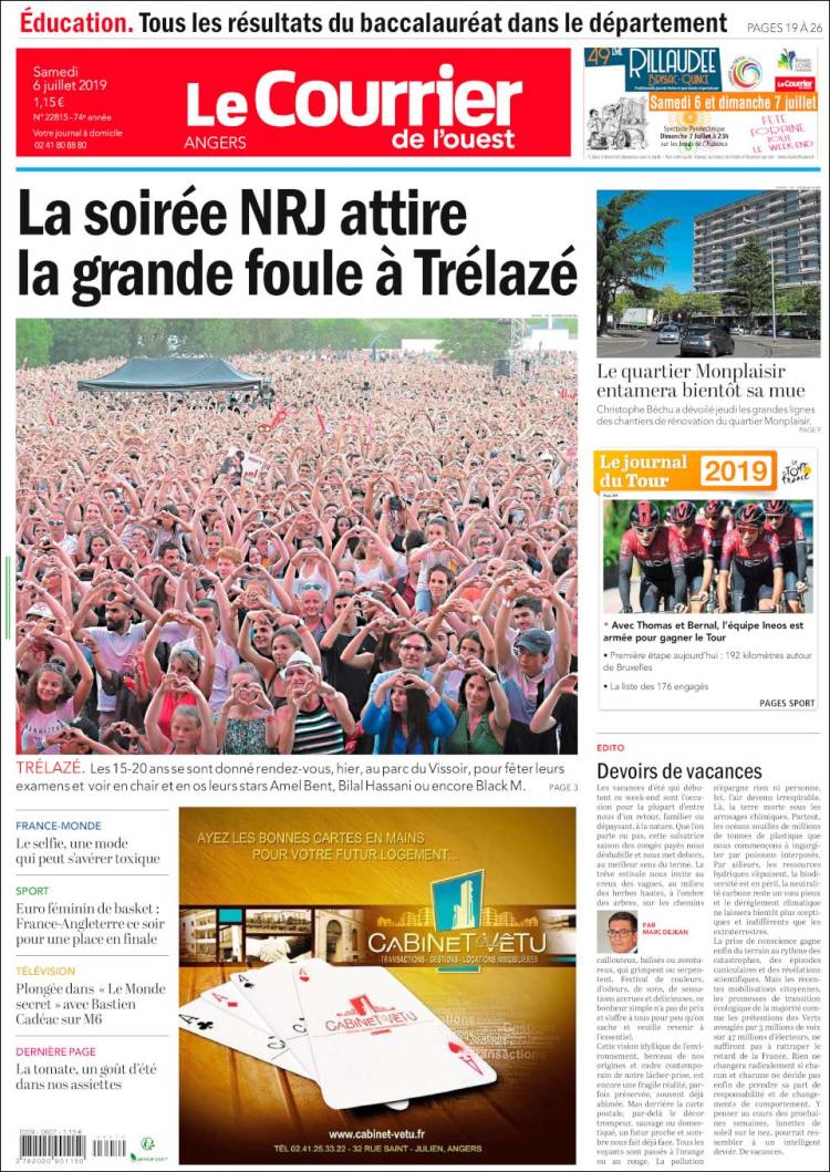 Portada de Le Courrier de l'Ouest (France)