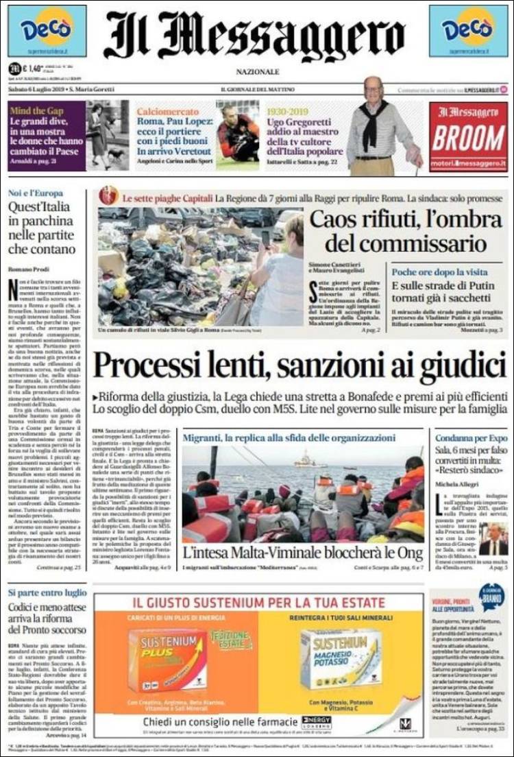 Portada de Il Messaggero (Italia)