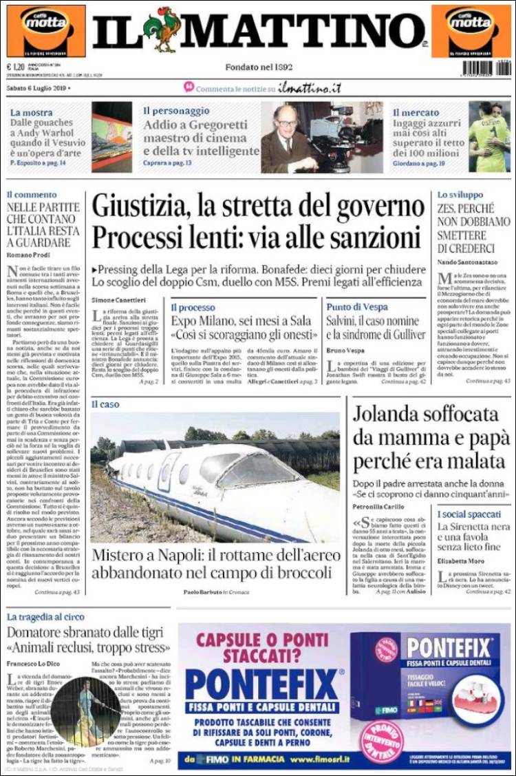 Portada de Il Mattino (Italia)