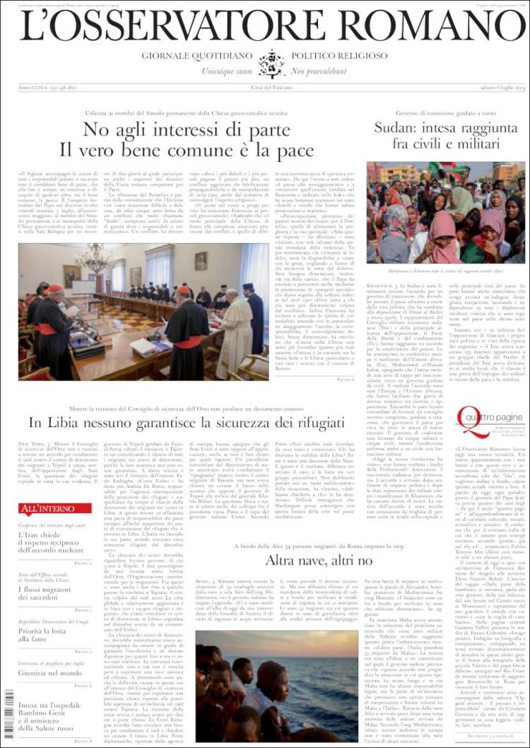 Portada de L'Osservatore Romano (Italia)