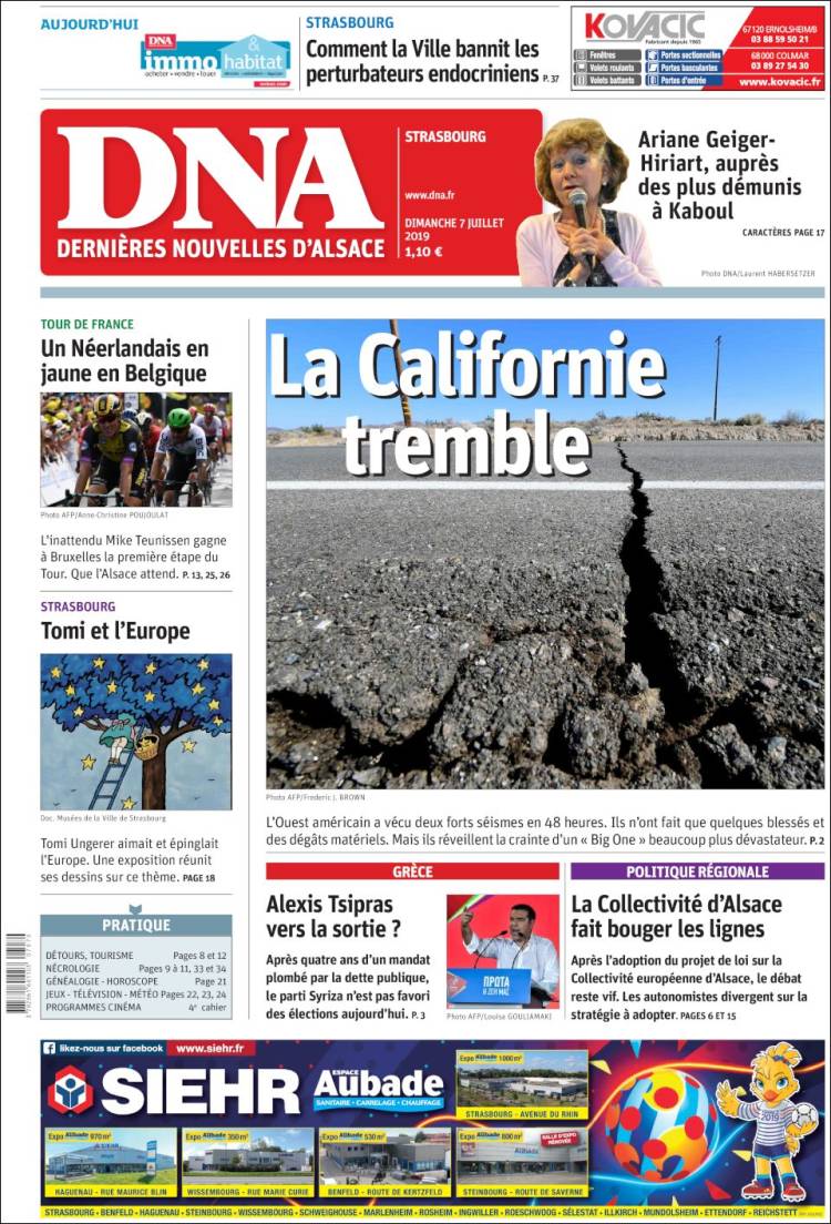 Portada de Les Dernières Nouvelles d'Alsace (Francia)