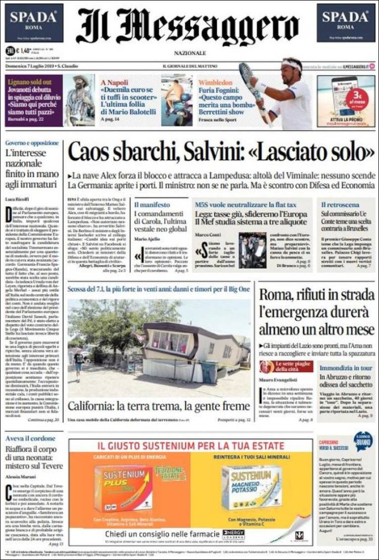 Portada de Il Messaggero (Italia)