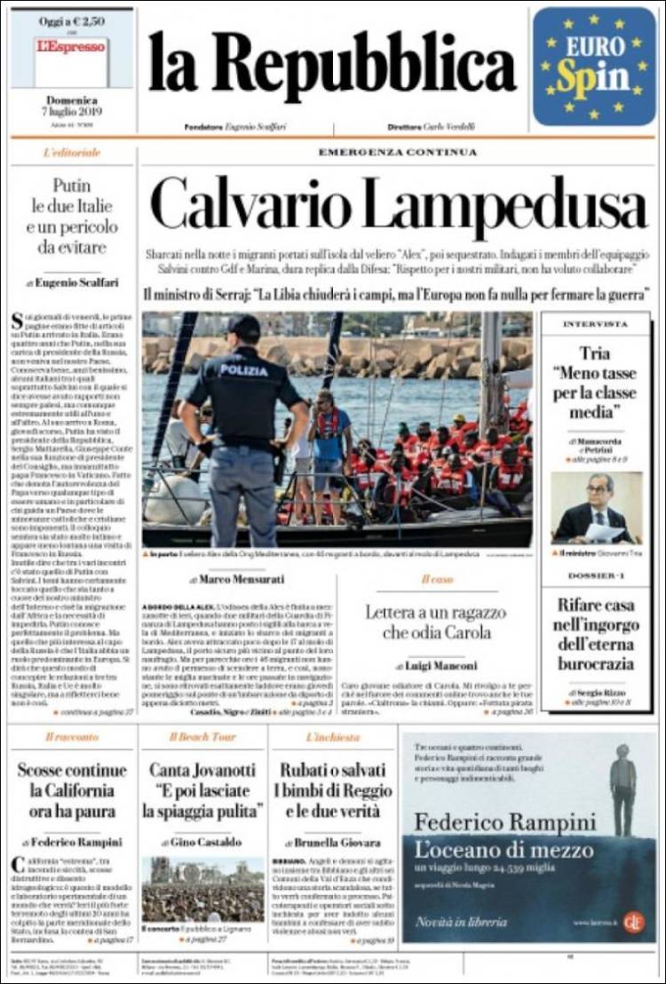 Portada de La Repubblica (Italia)