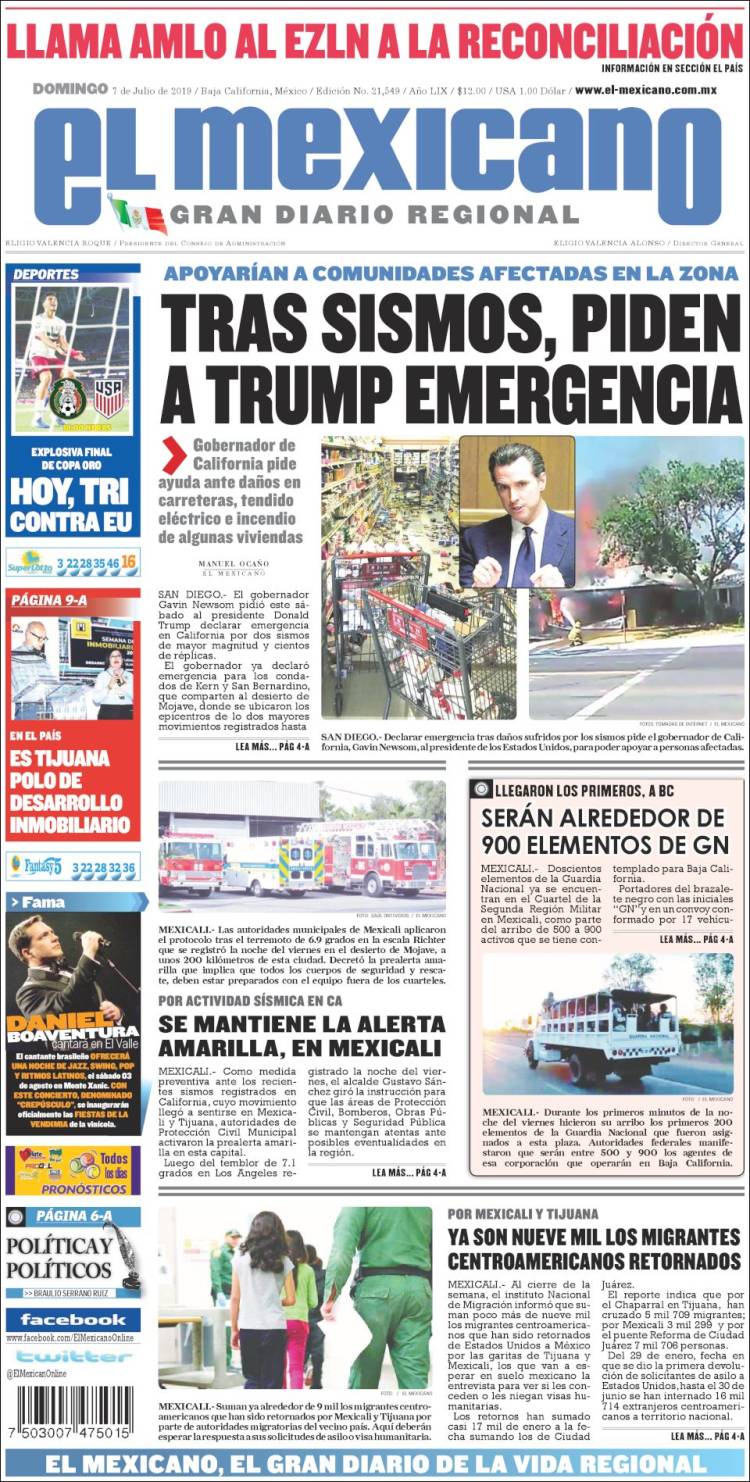 Portada de El Mexicano - El Gran Diario Regional (México)