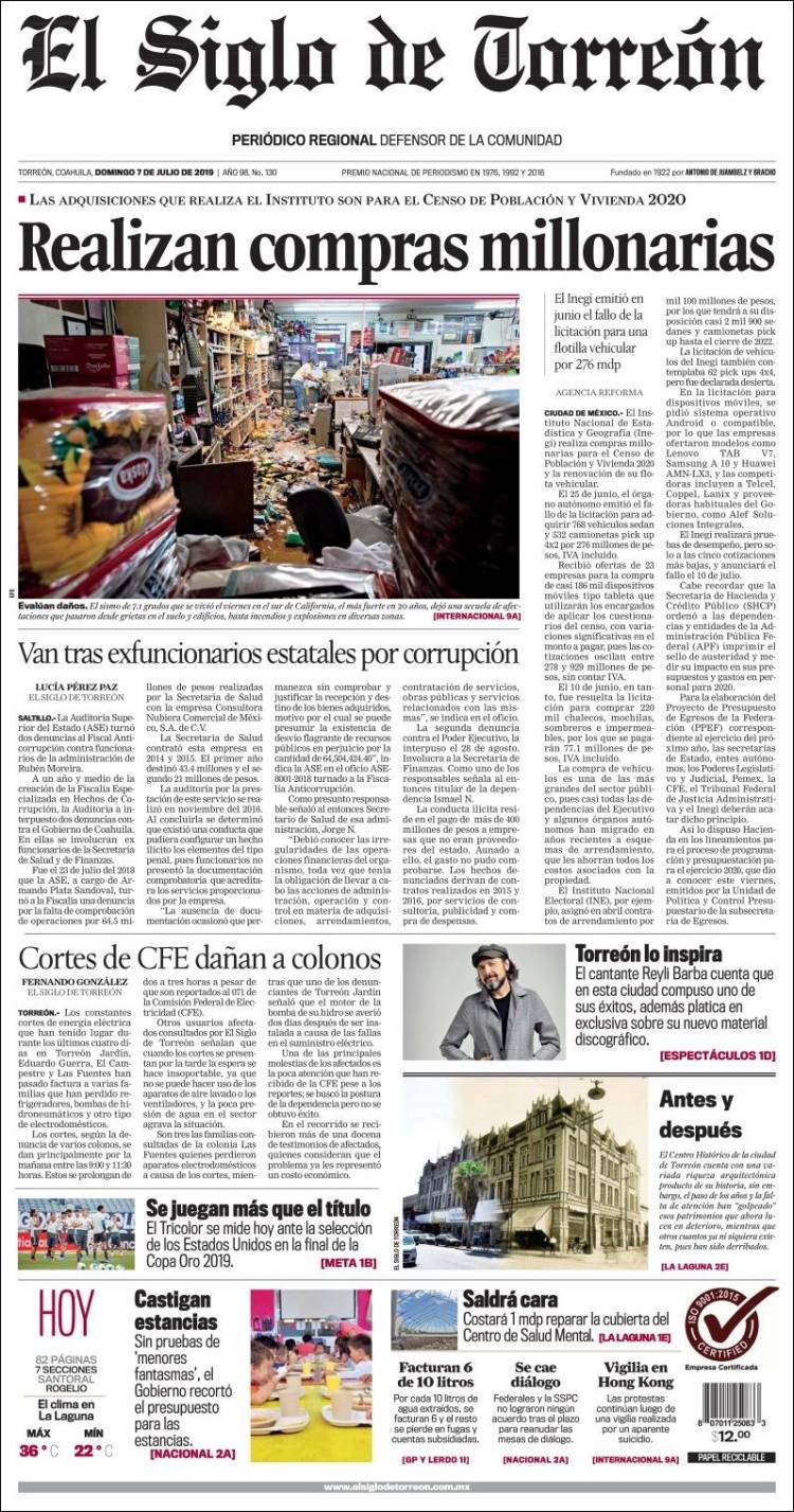 Portada de El Siglo de Torreon (México)
