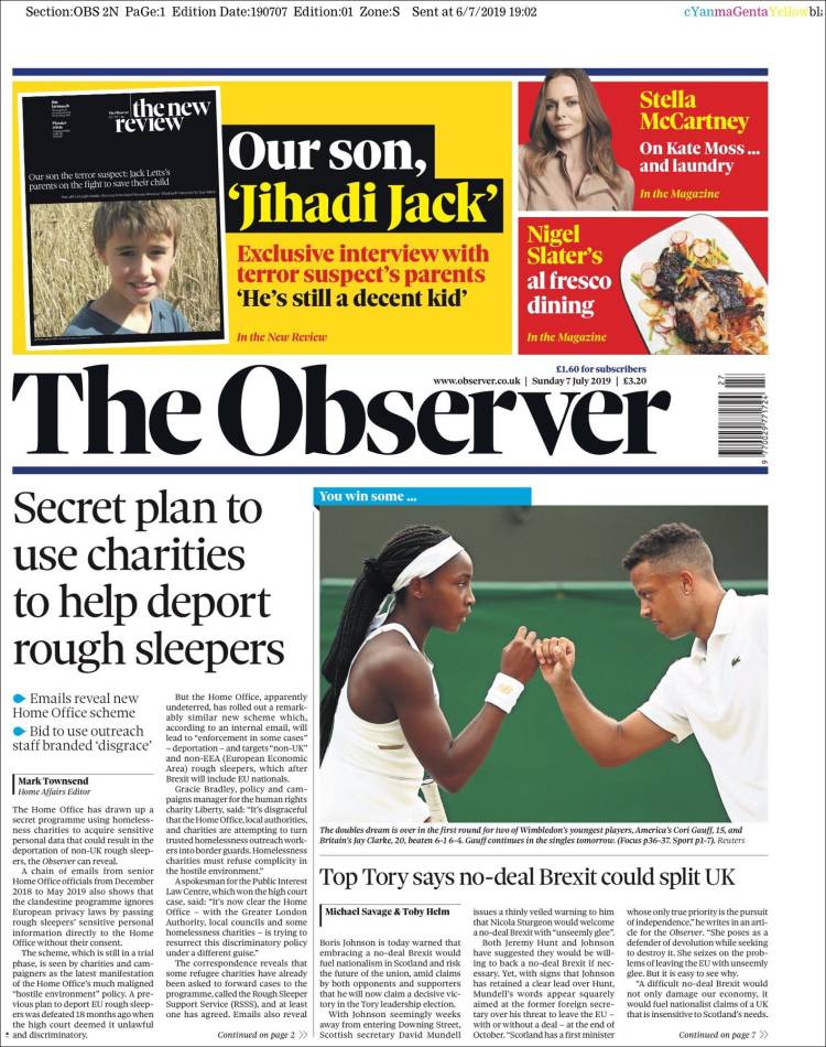 Portada de The Observer (Reino Unido)