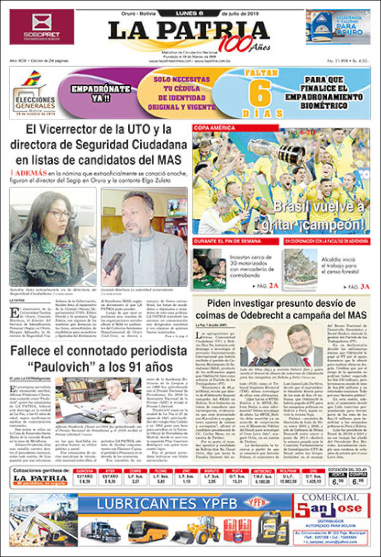 Portada de La Patria (Bolivia)