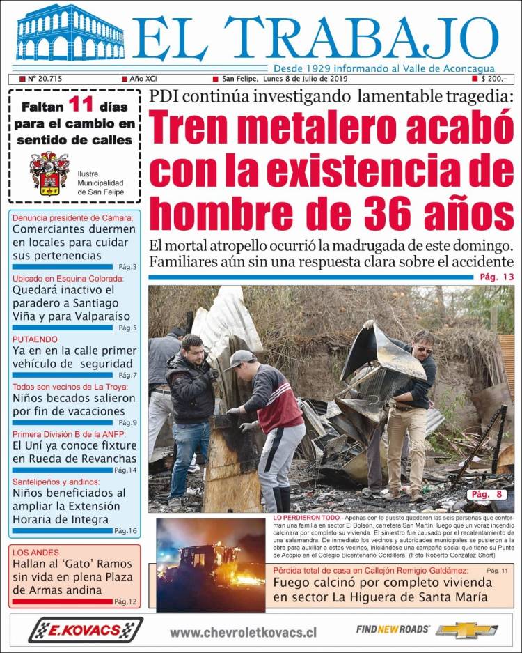 Portada de El Trabajo (Chile)