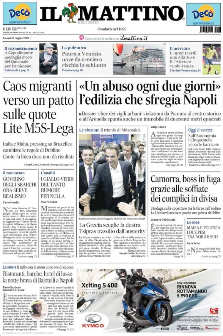 Portada de Il Mattino (Italia)
