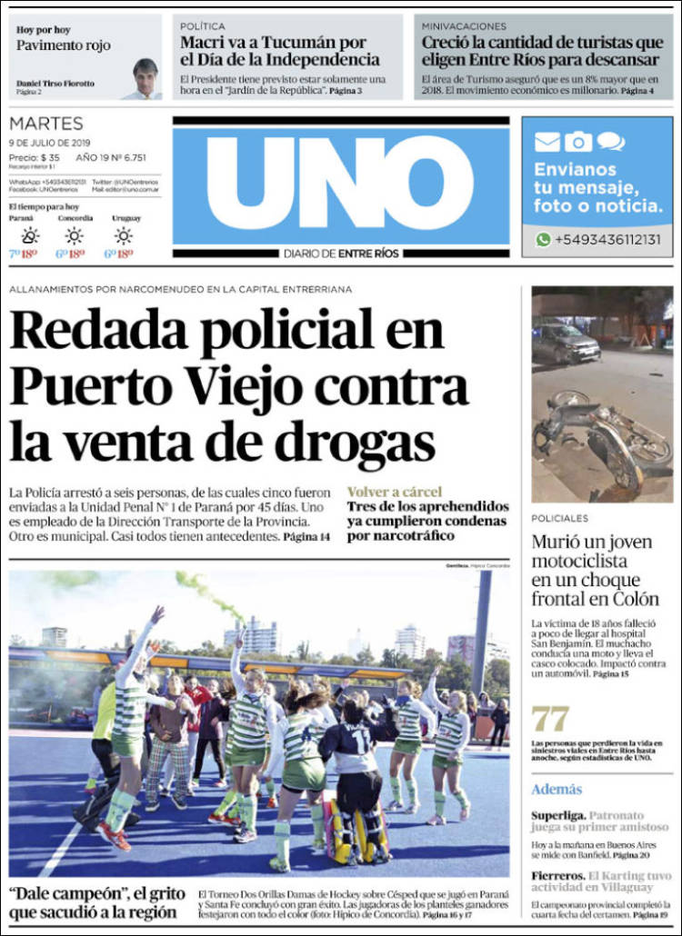 Portada de Diario Uno de Entre Ríos (Argentina)