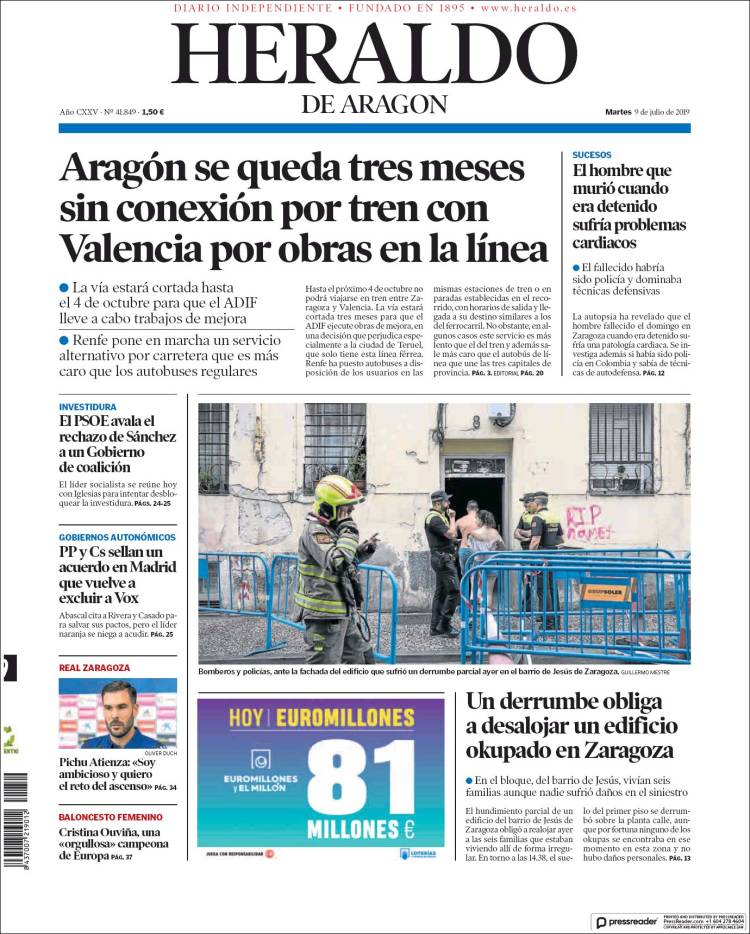 Portada de Heraldo de Aragón (España)