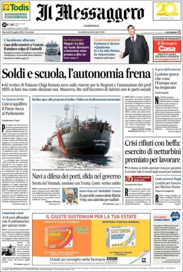 Portada de Il Messaggero (Italia)