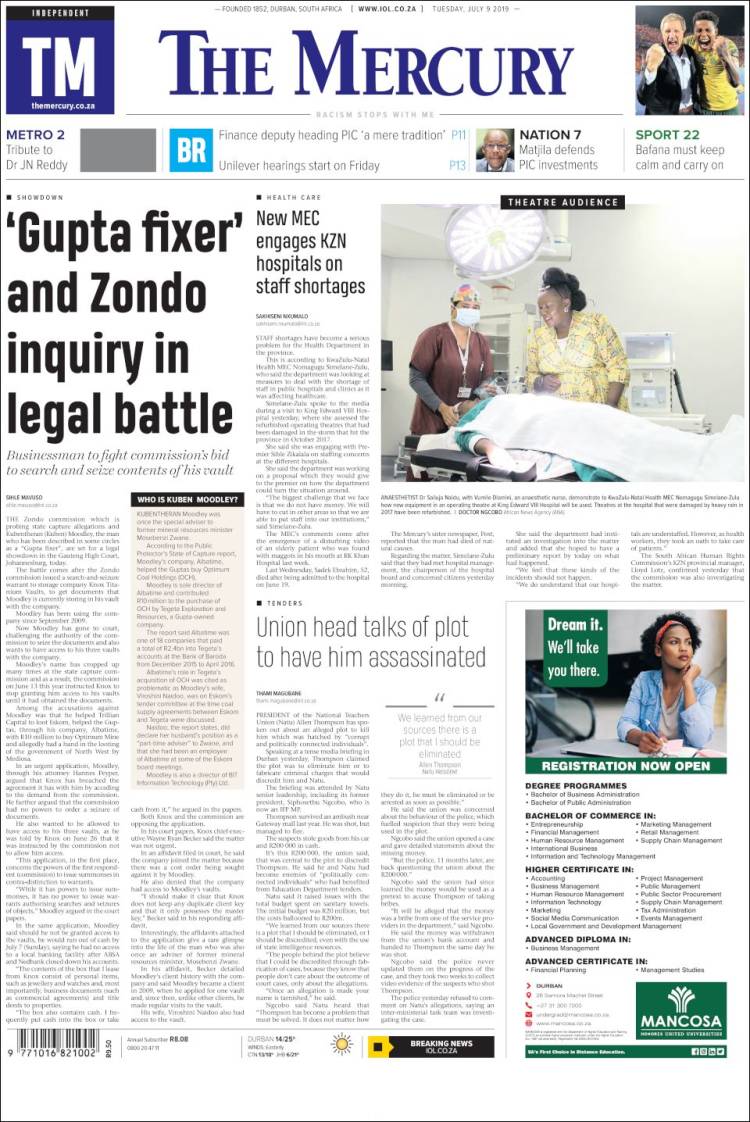 Portada de The Mercury (Sud&aacute;frica)