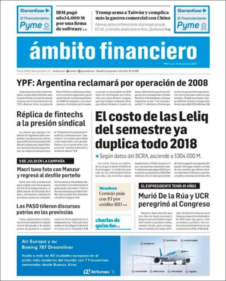 Portada de Diario Ambito Financiero (Argentina)