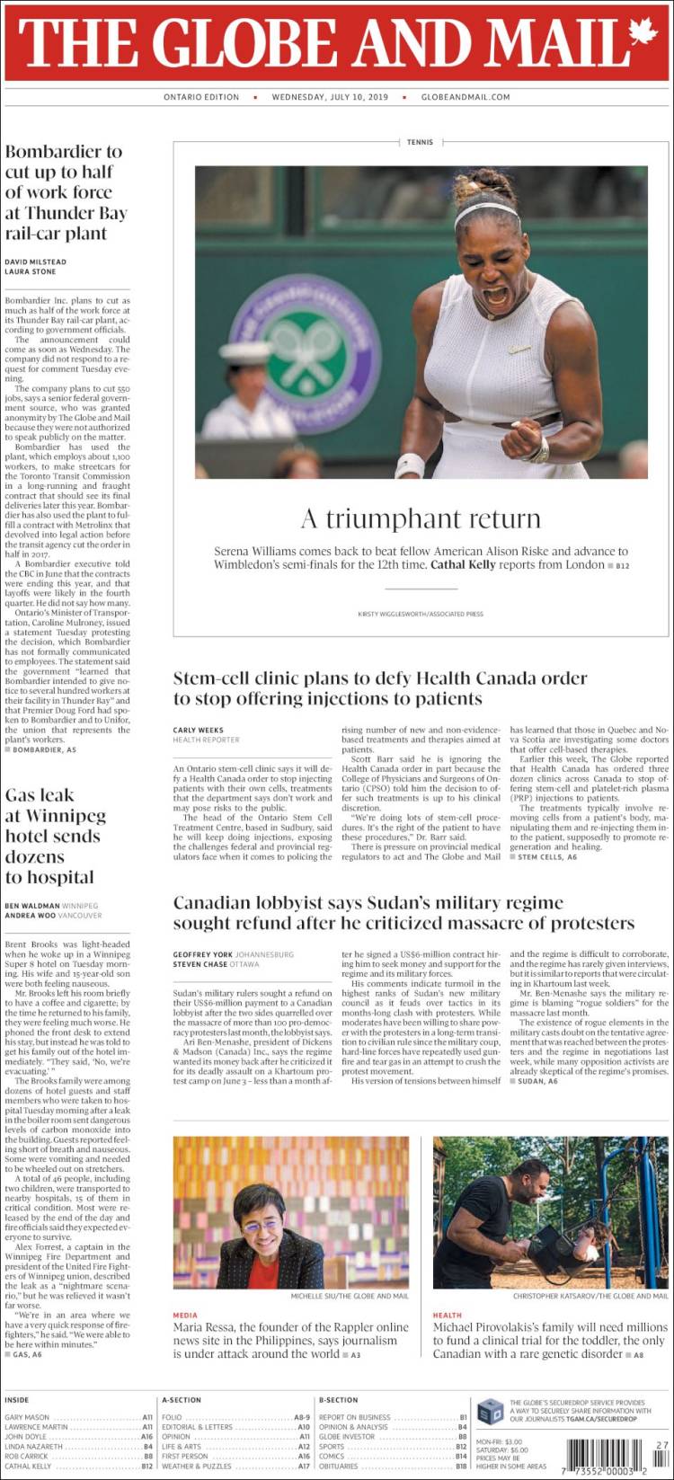 Portada de The Globe and Mail (Canadá)