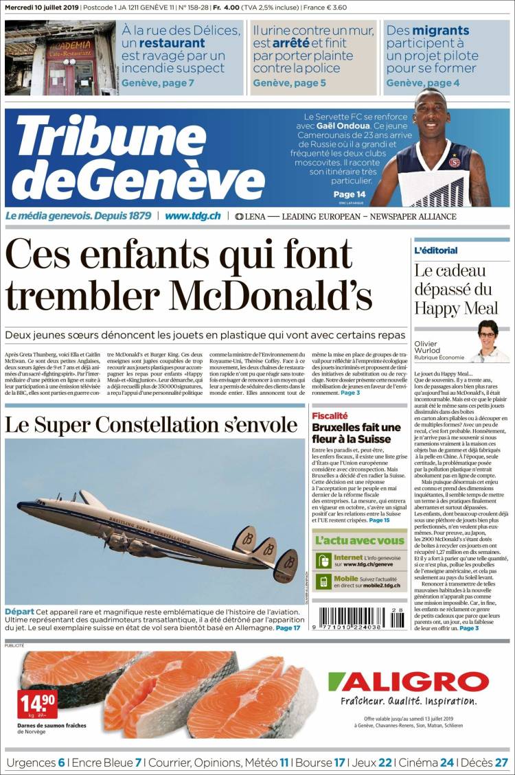 Portada de La Tribune de Genève (Suiza)