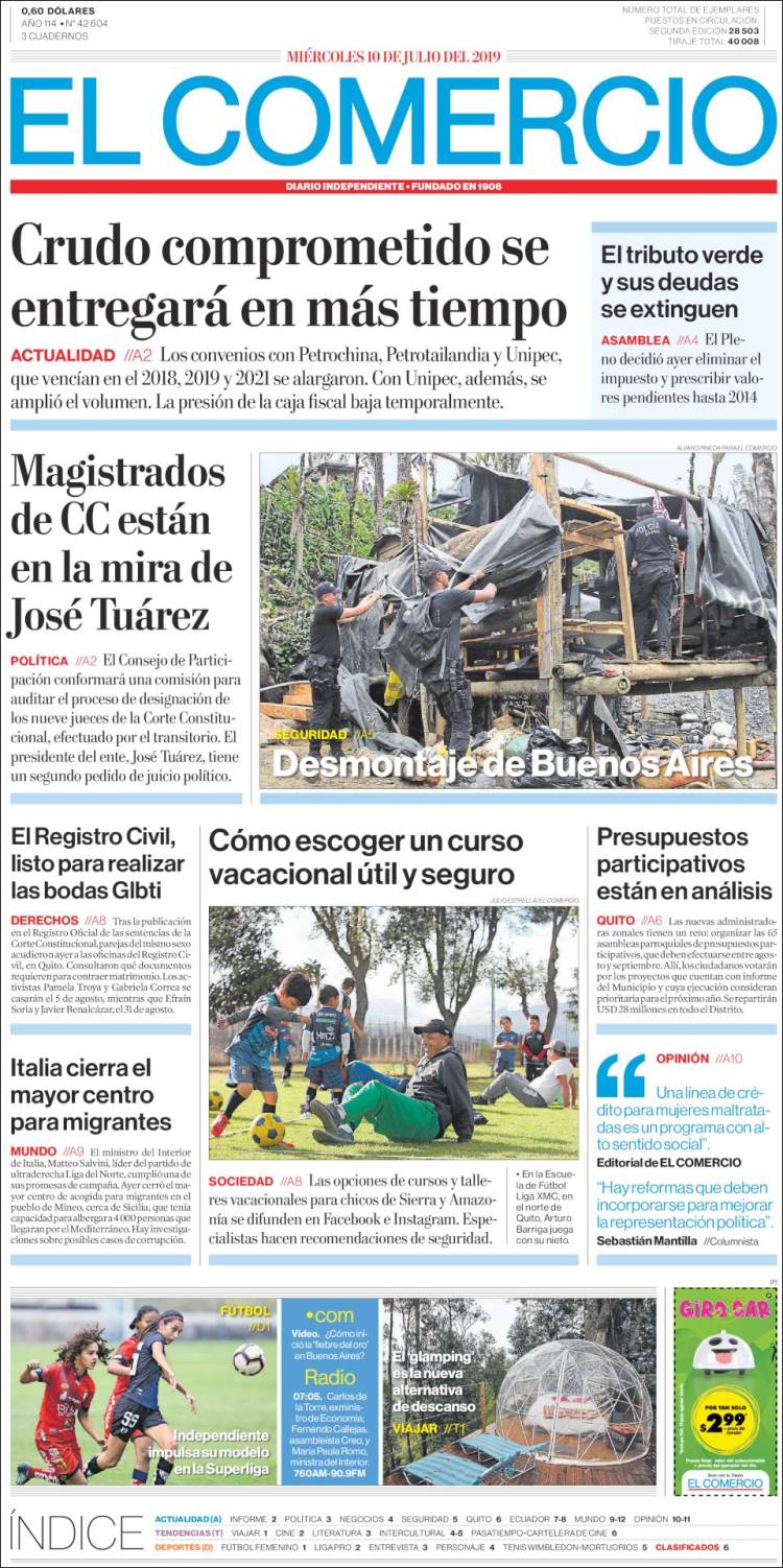 Portada de El Comercio (Ecuador)