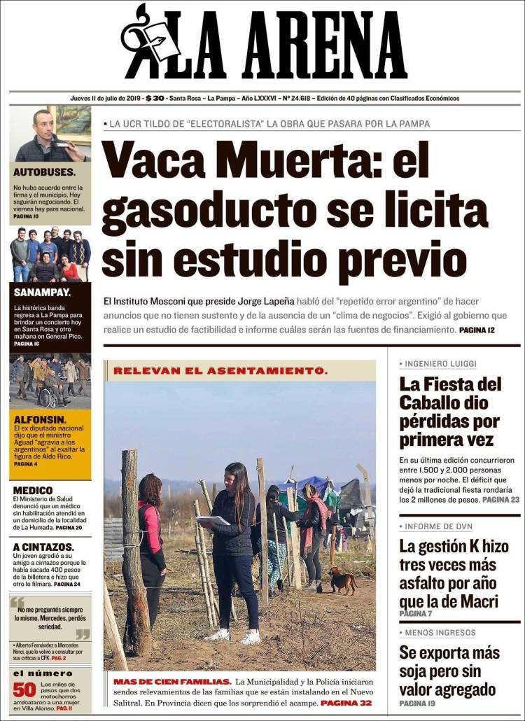 Portada de Diario La Arena (Argentina)