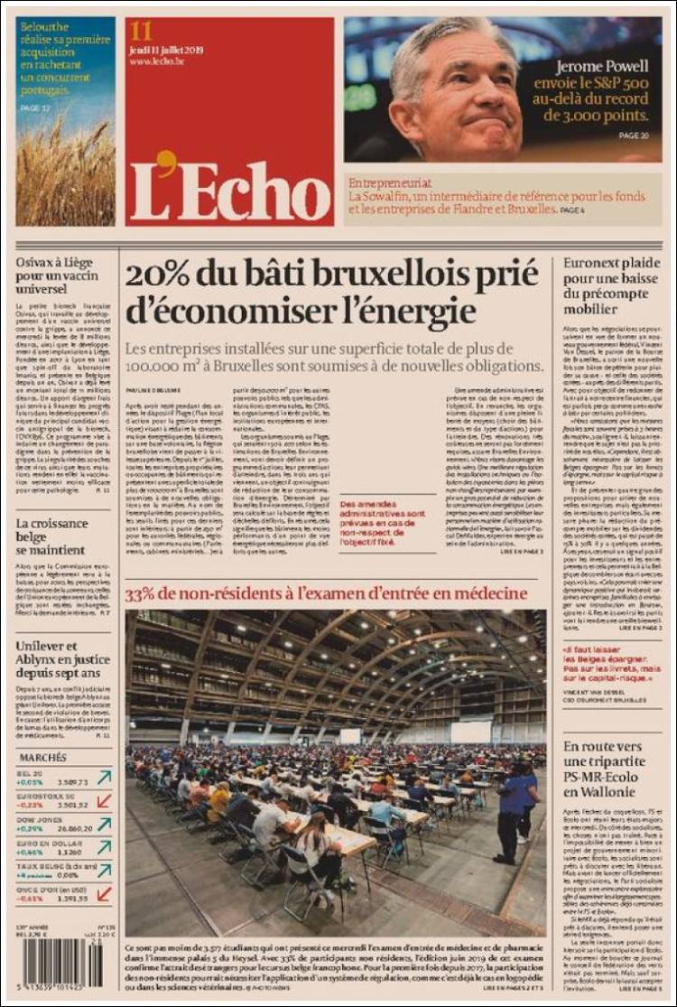 Portada de L'Echo (B&eacute;lgica)