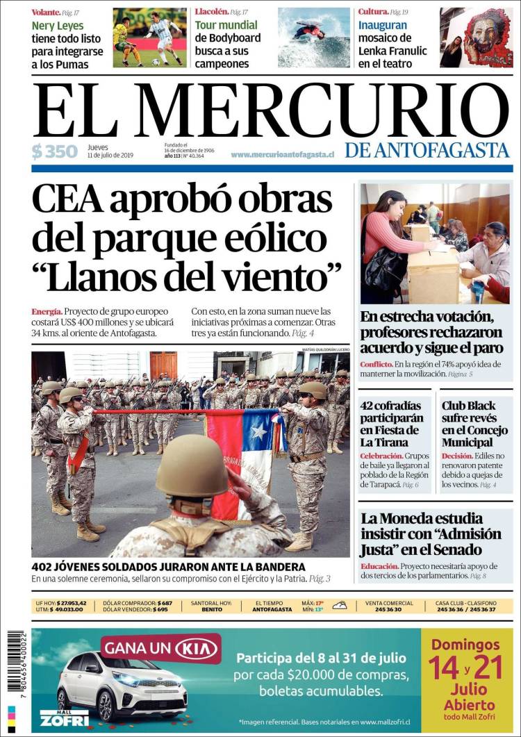 Portada de El Mercurio de Antofagasta (Chile)