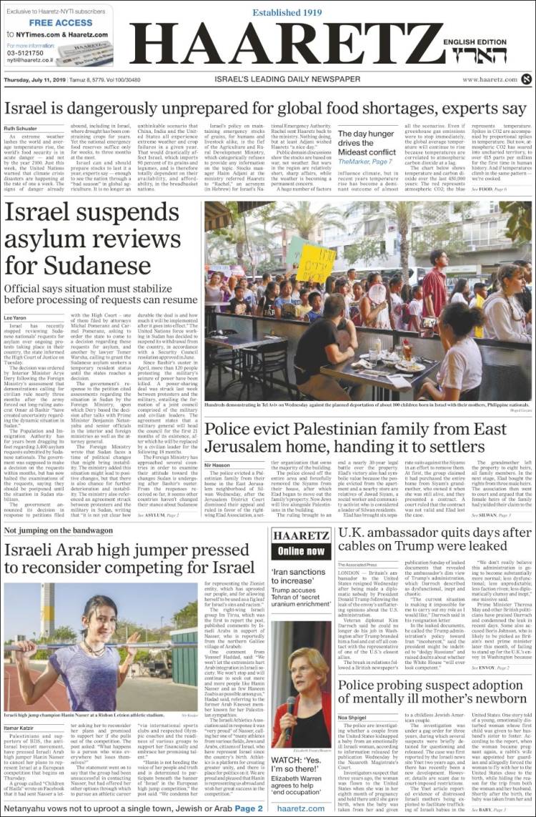 Portada de Haaretz (Israel)