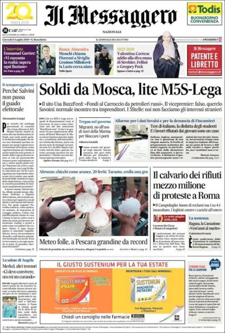 Portada de Il Messaggero (Italia)