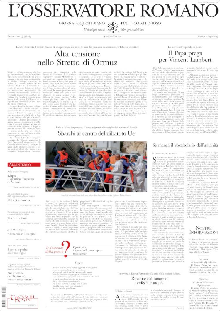 Portada de L'Osservatore Romano (Italia)