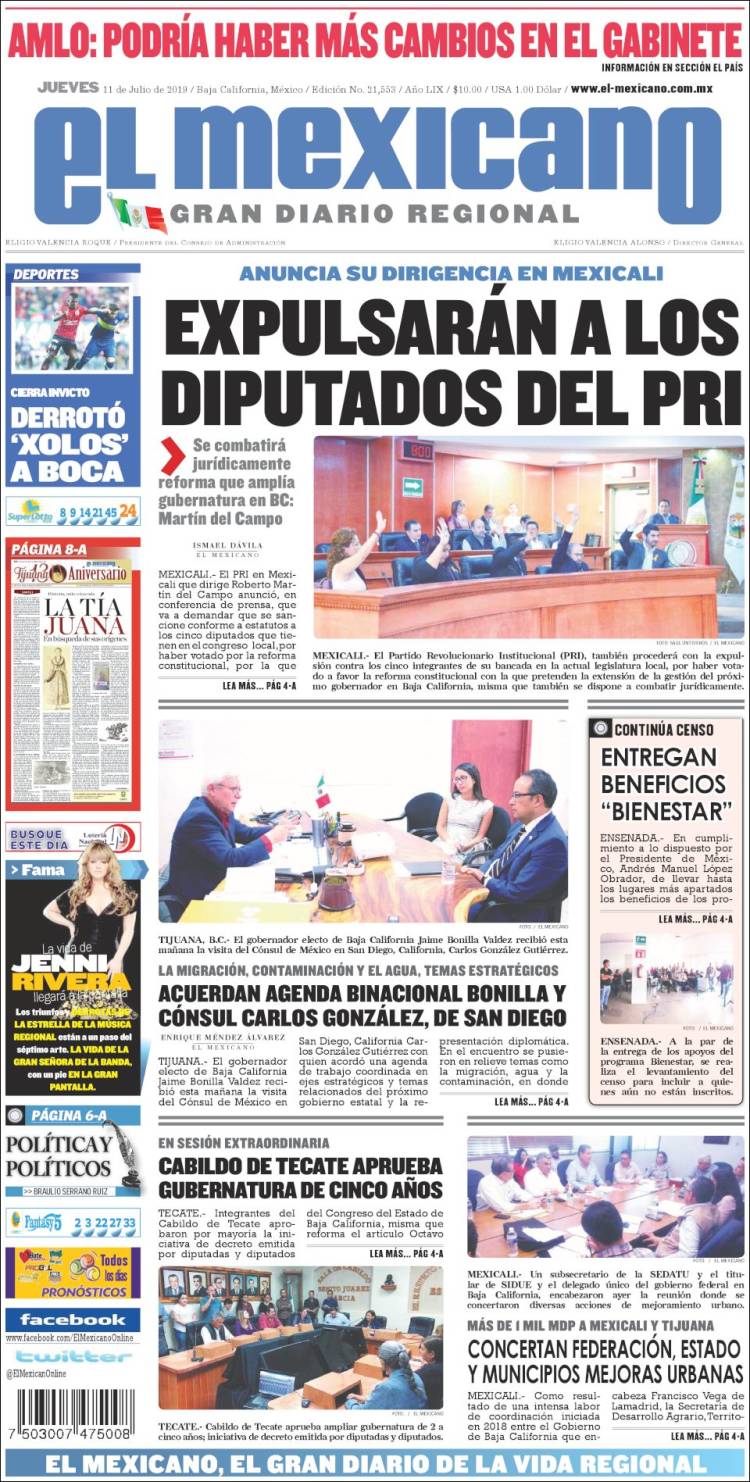 Portada de El Mexicano - El Gran Diario Regional (Mexico)