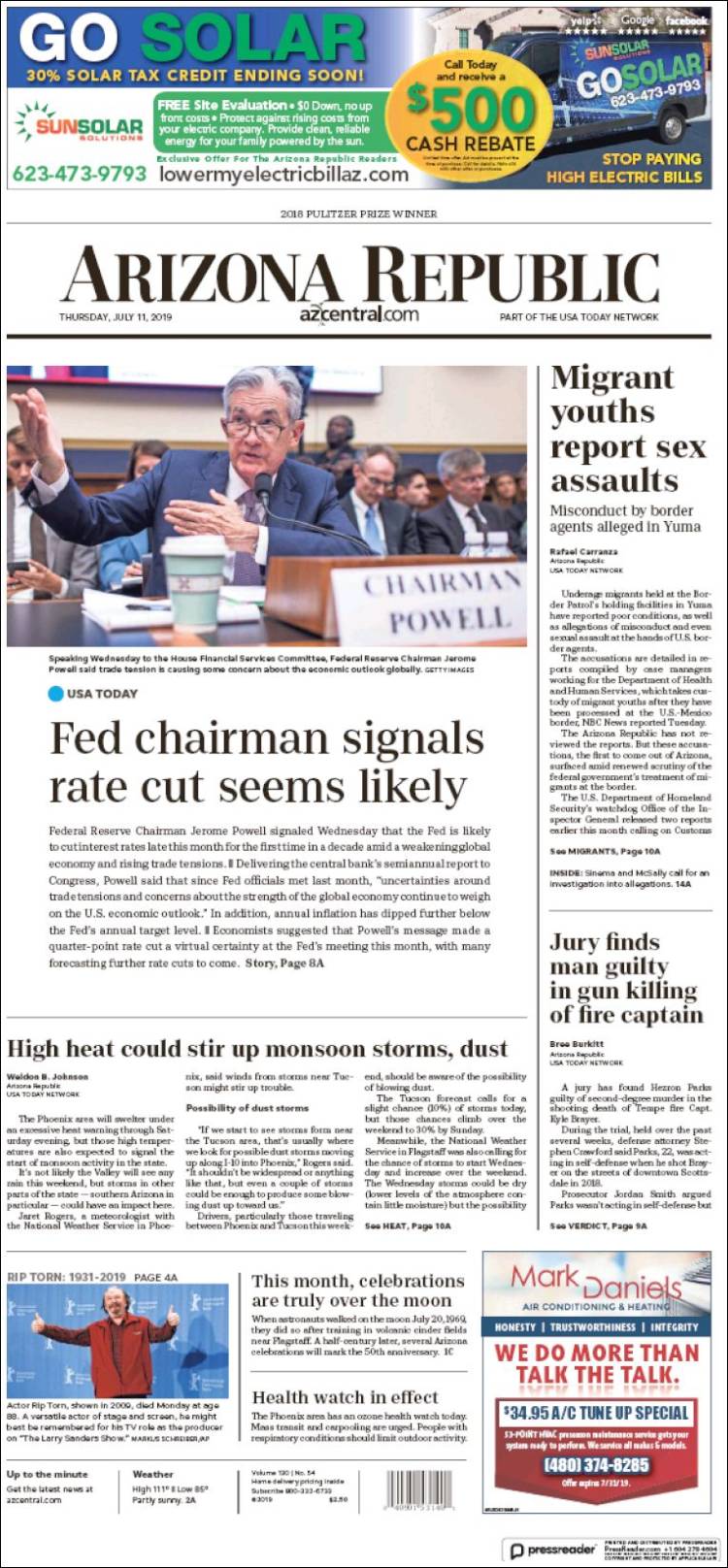 Portada de Arizona Republic News (USA)