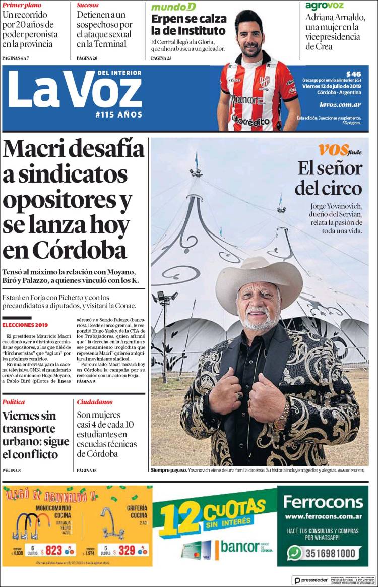 Portada de La Voz del Interior (Argentina)