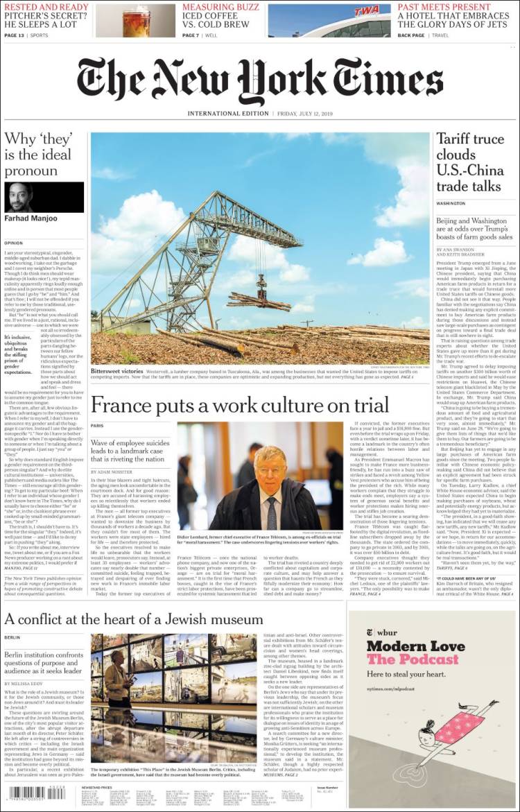 Portada de International New York Times (Europa)