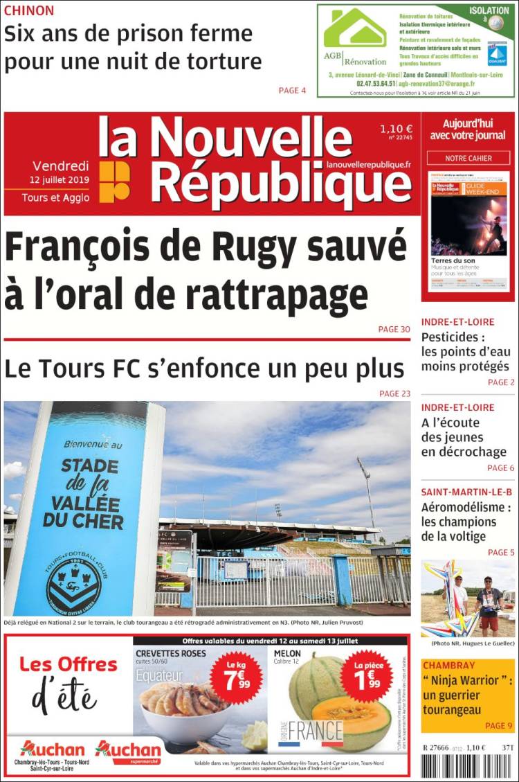 Portada de La Nouvelle Republique (Francia)