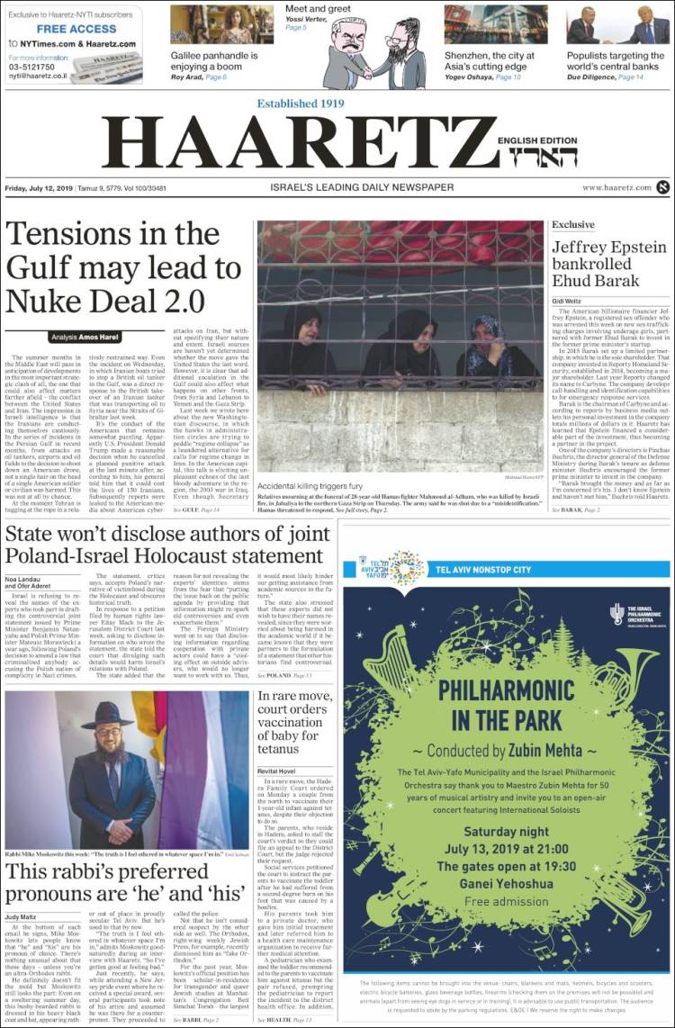 Portada de Haaretz (Israel)