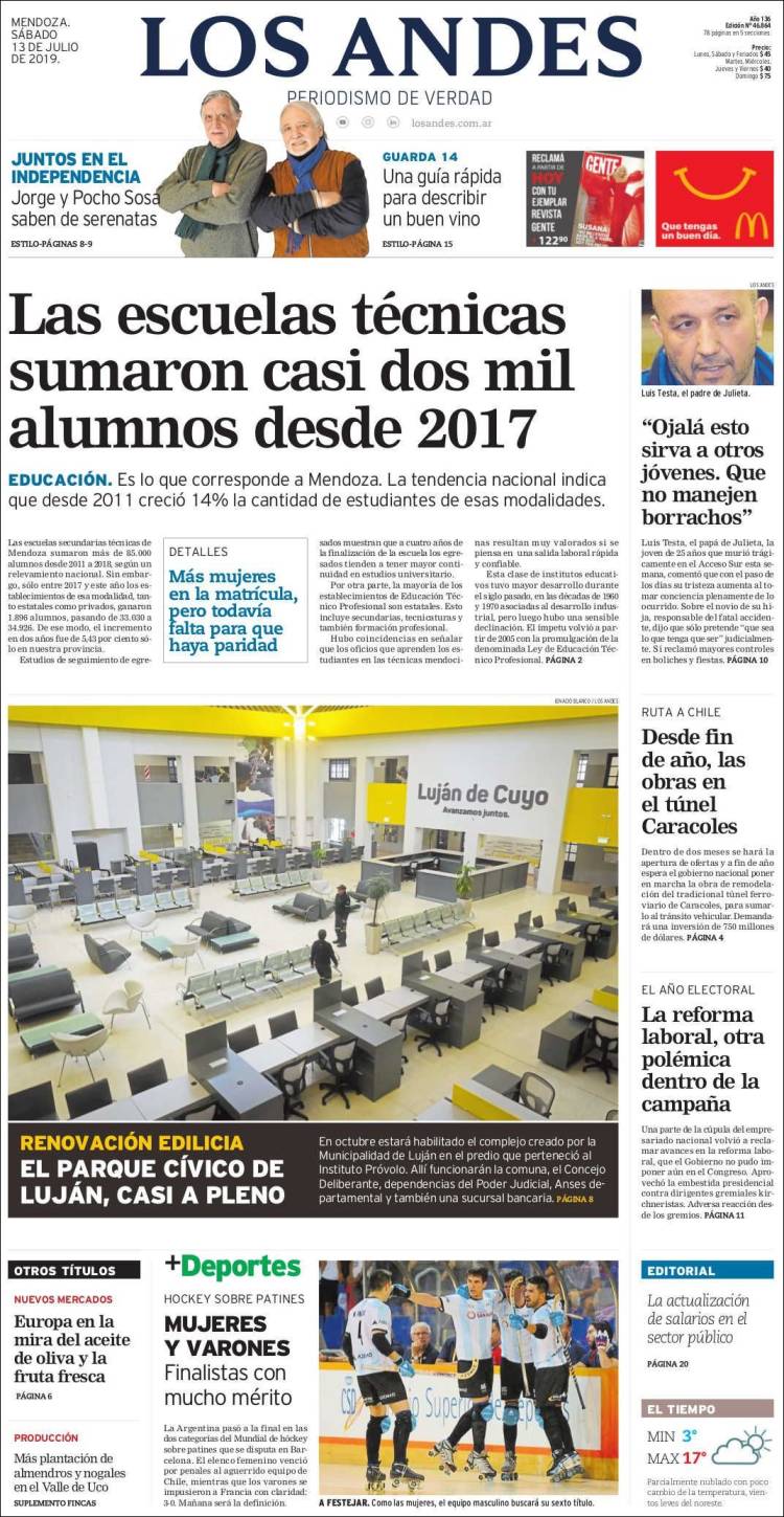 Portada de Los Andes - Mendoza (Argentina)