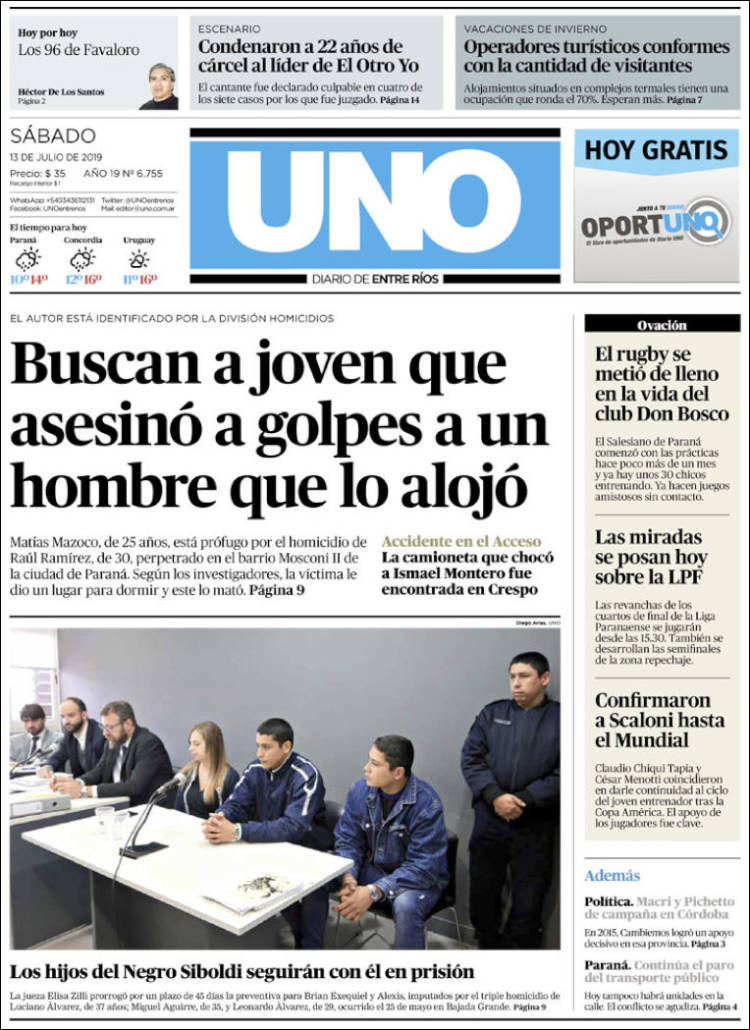 Portada de Diario Uno de Entre Ríos (Argentina)